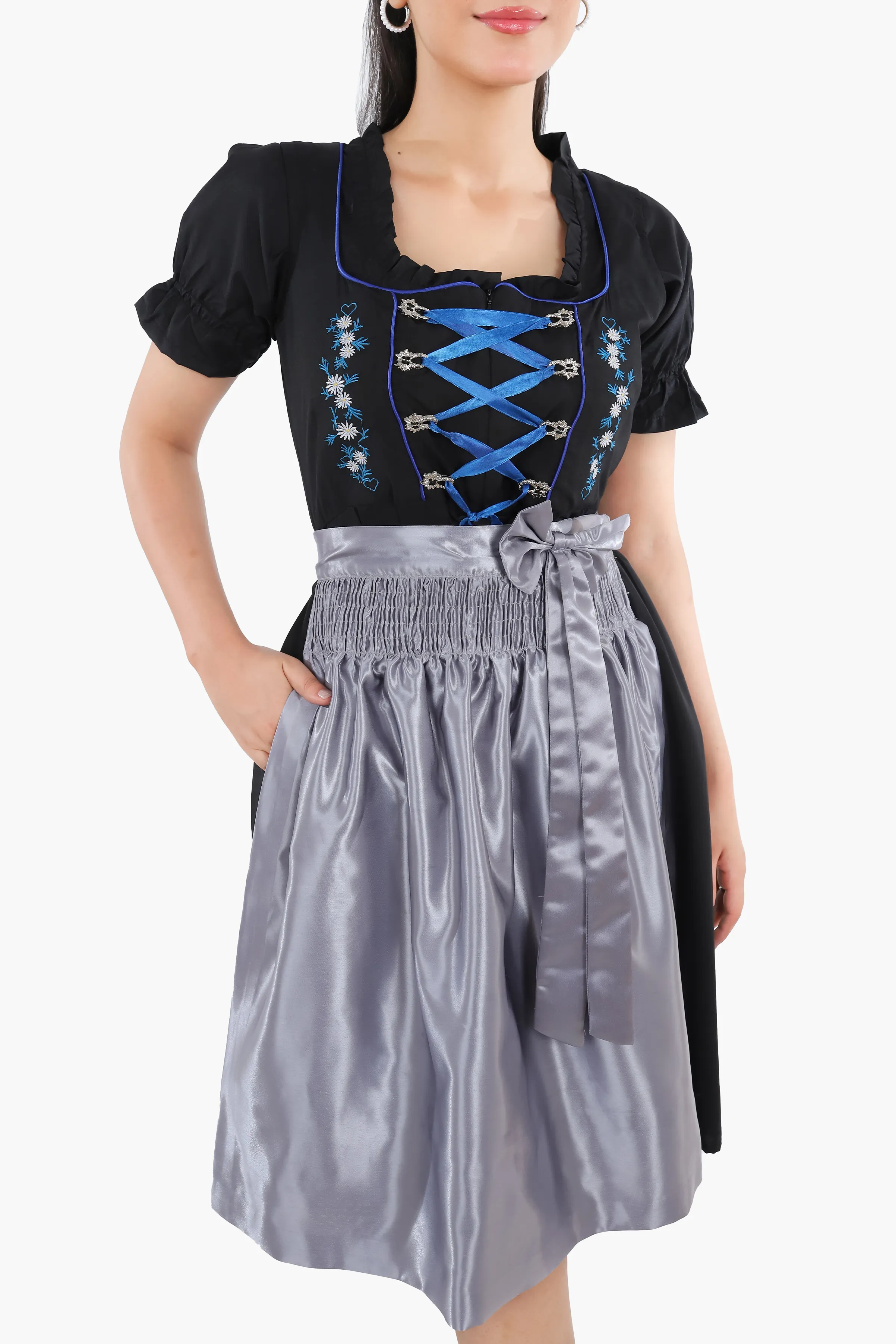 Black Dirndl Dress Blue Embroidery Charm - Image 3