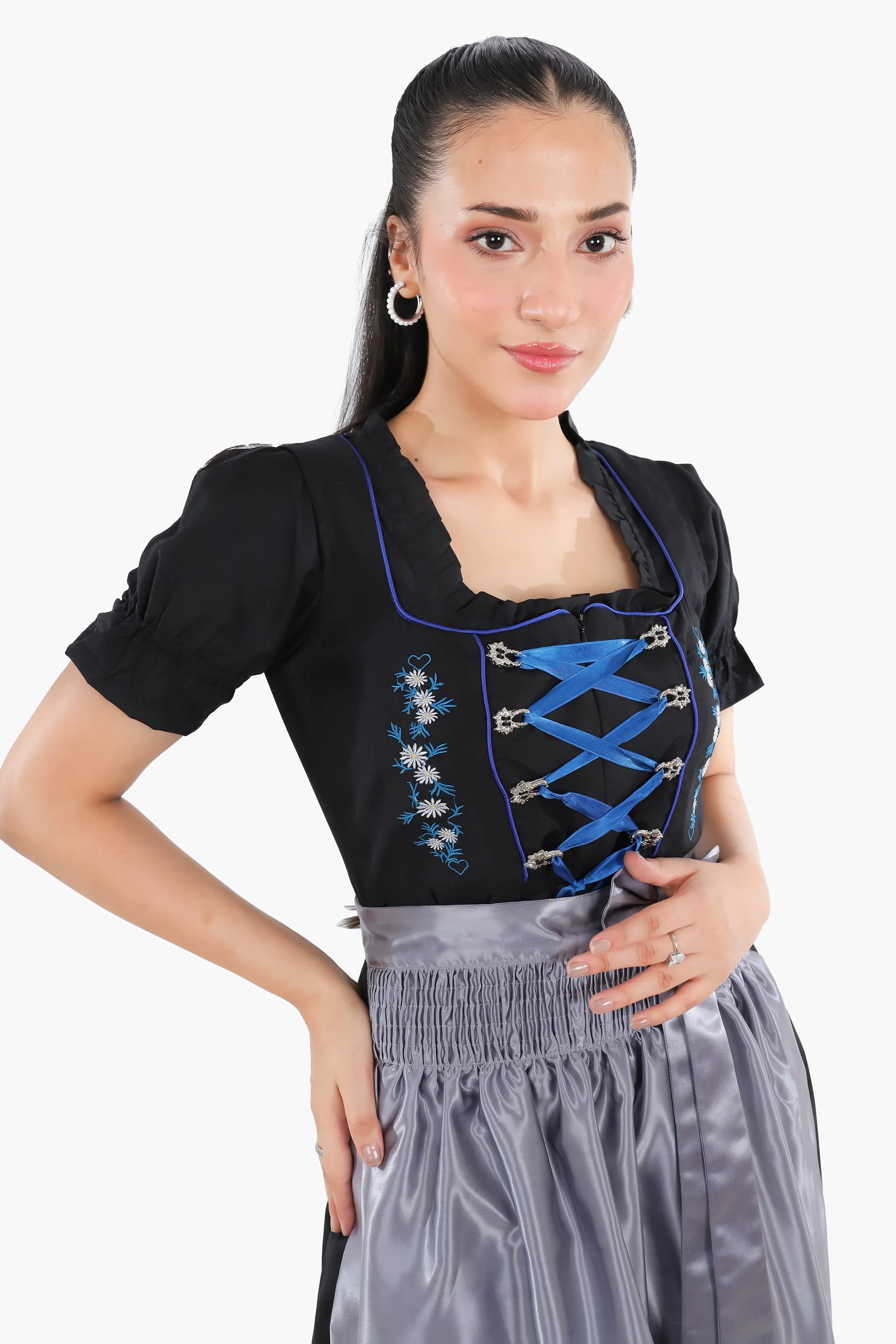 Black Dirndl Dress Blue Embroidery Charm - Image 4