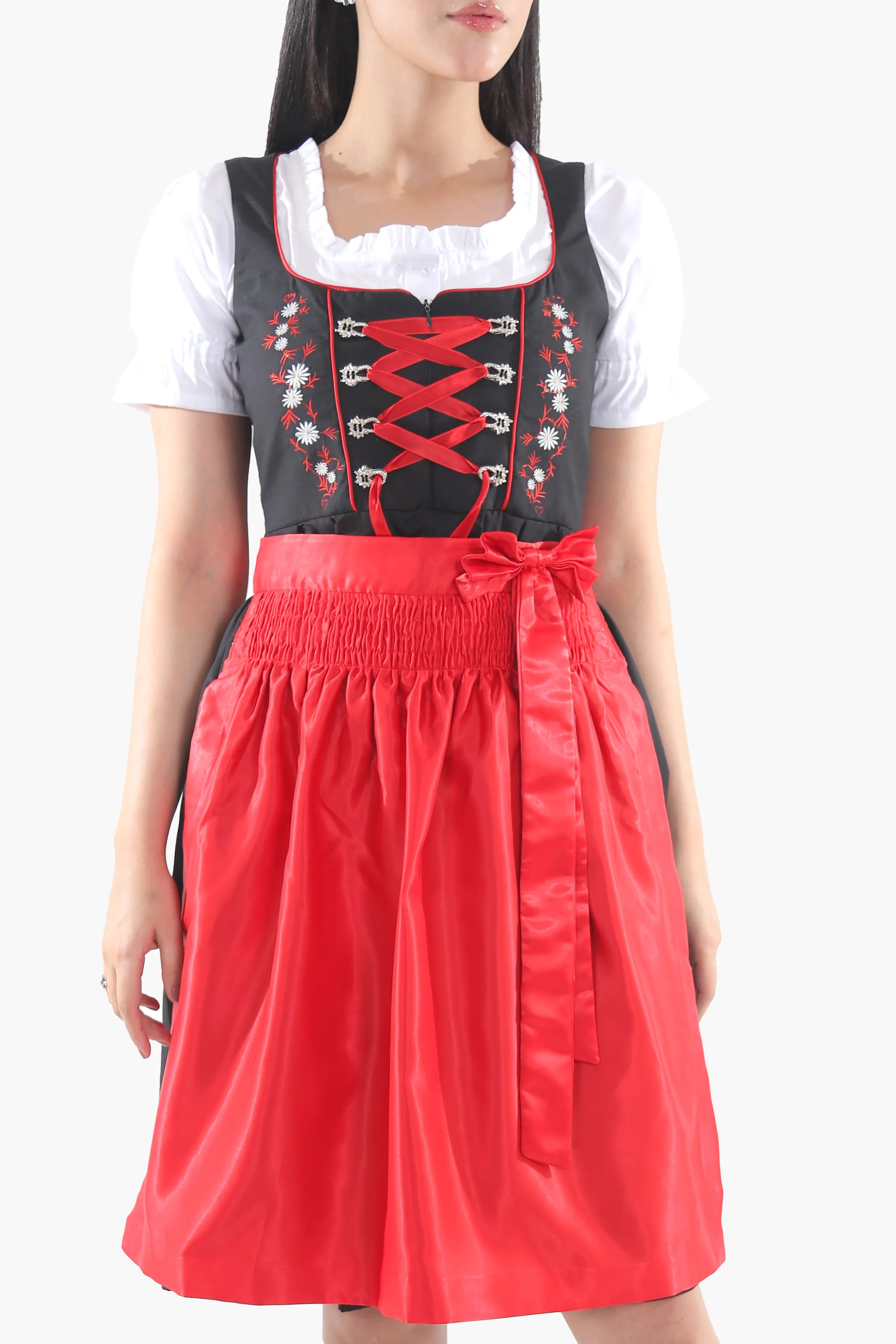 Black Dirndl Dress Red Embroidery Charm - Image 3