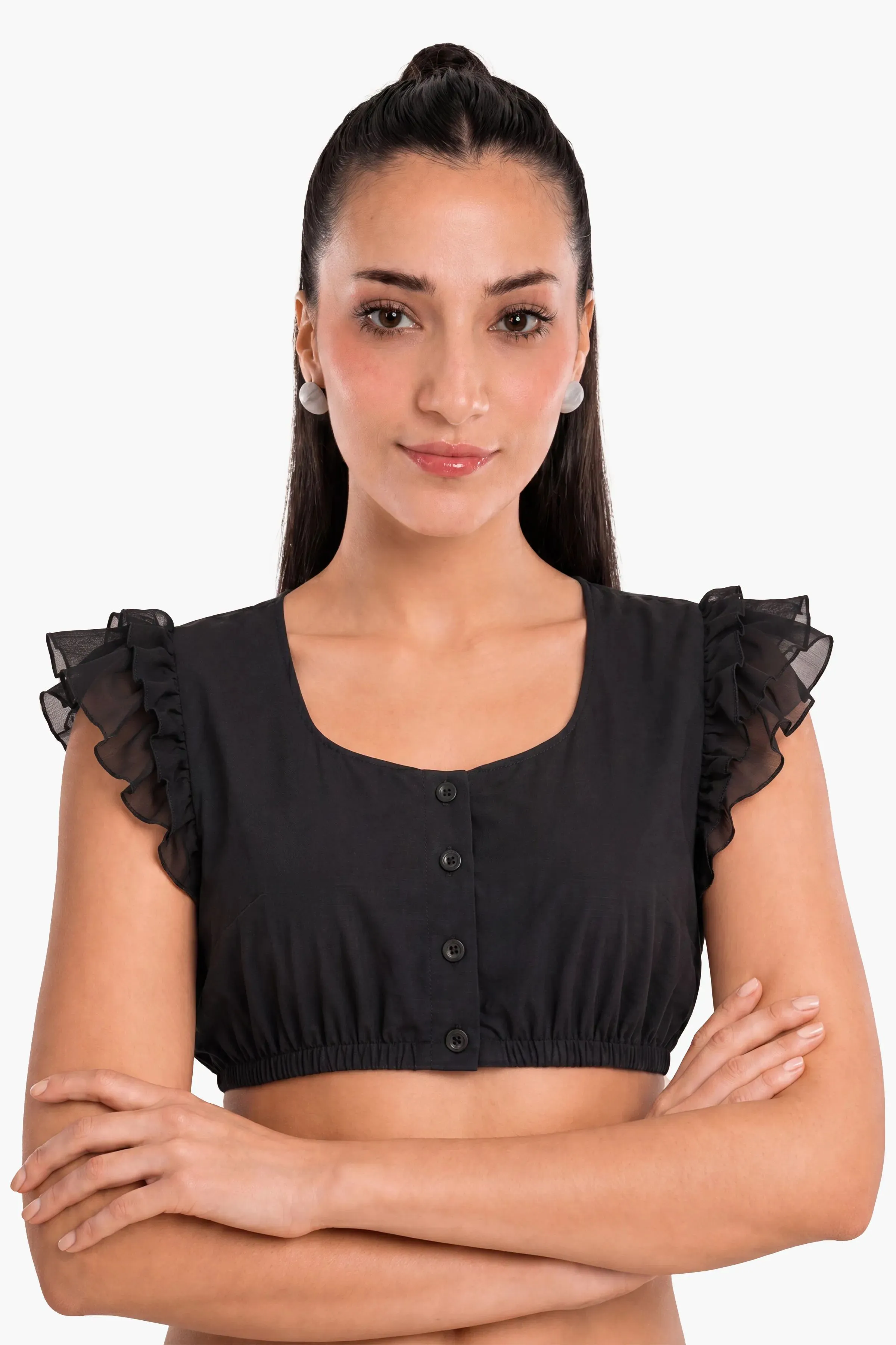 Dirndl Blouse Luxury Black Organza Ruffle Elegance - Image 2