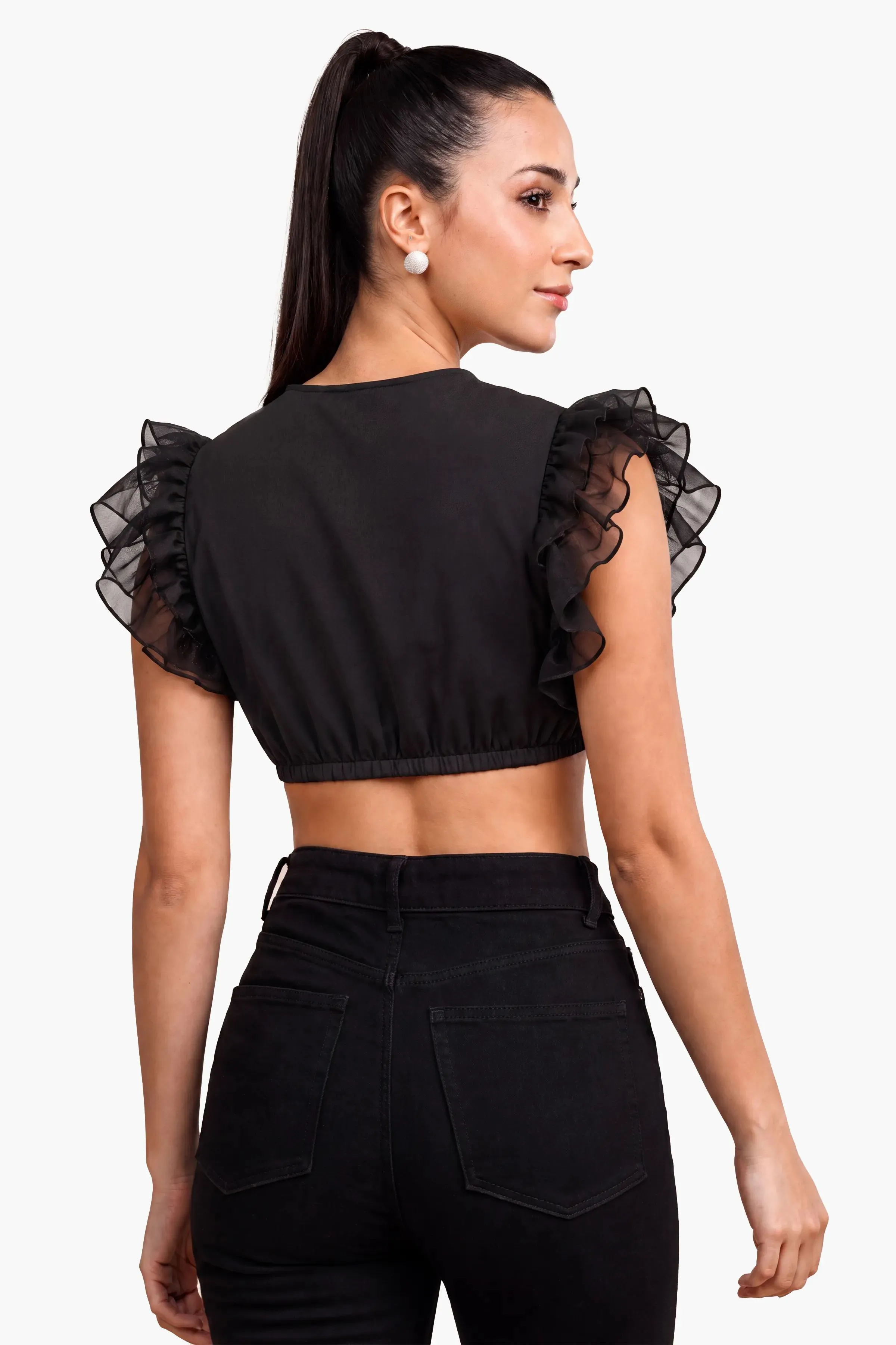 Dirndl Blouse Luxury Black Organza Ruffle Elegance - Image 3
