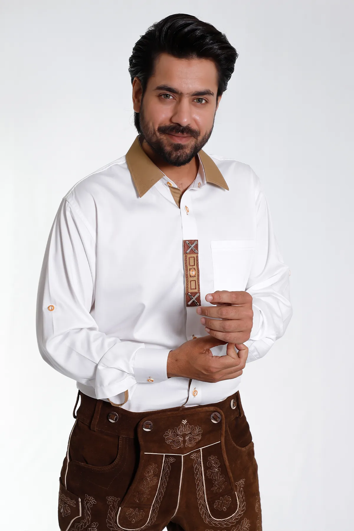 Milky White Lederhosen Shirt with Tan Highlights - Image 3