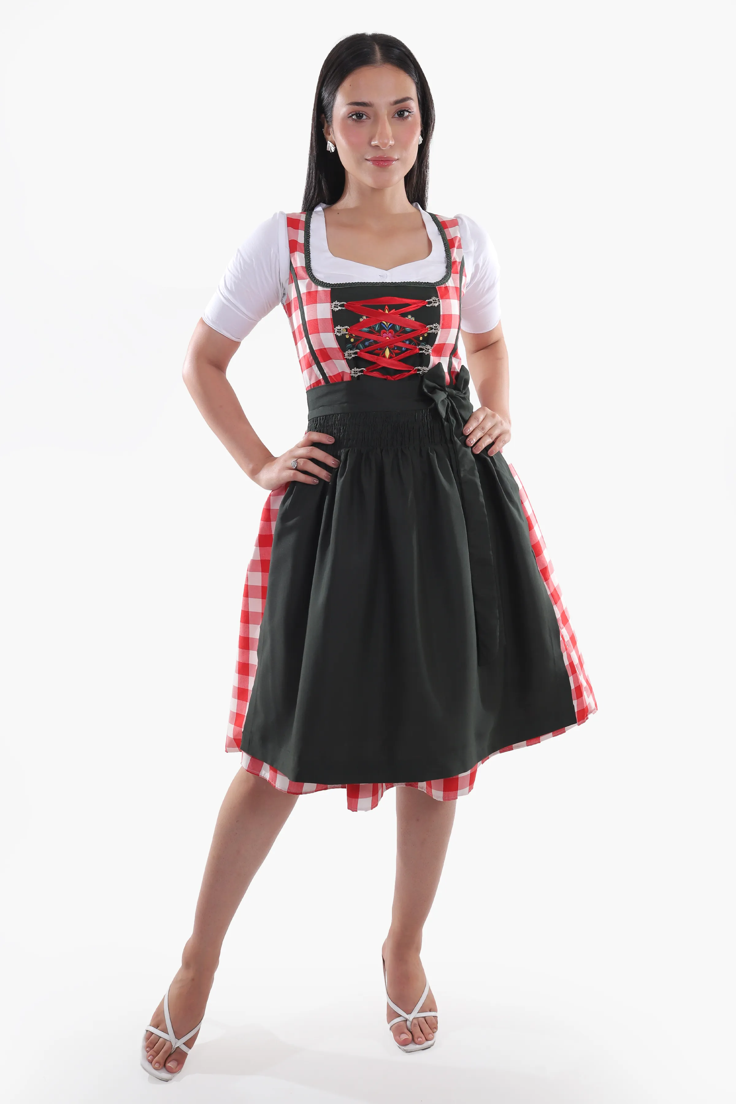 Red Checkered Bodice Traditional Dirndl Dress