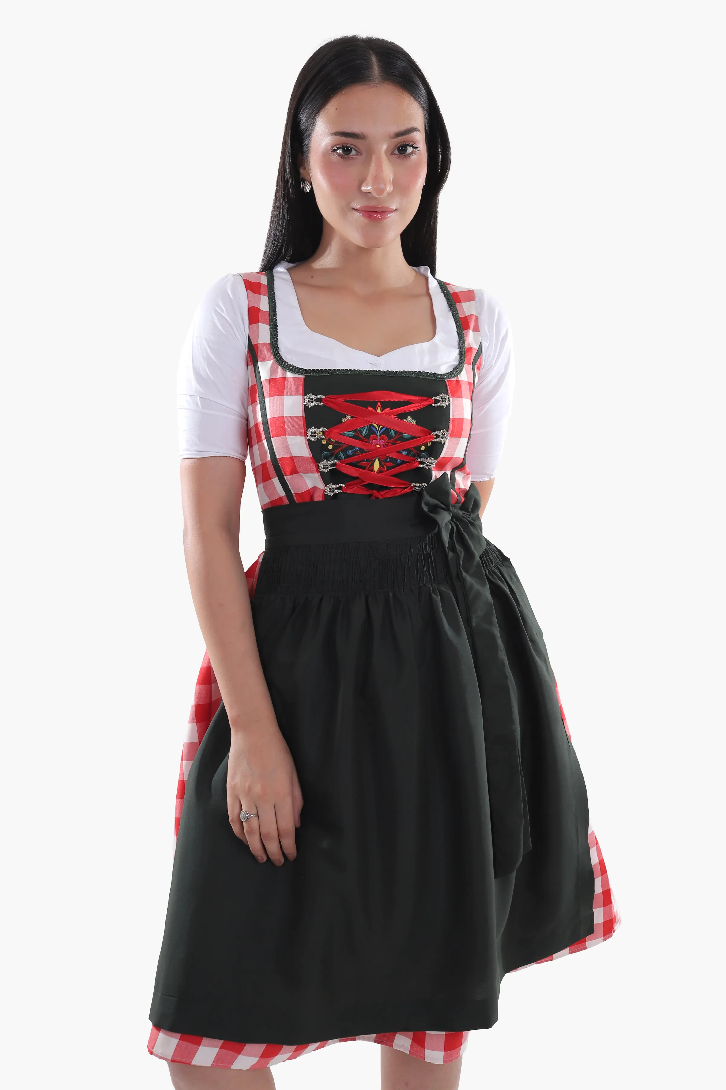 Red Checkered Bodice Traditional Dirndl Dress - Image 2