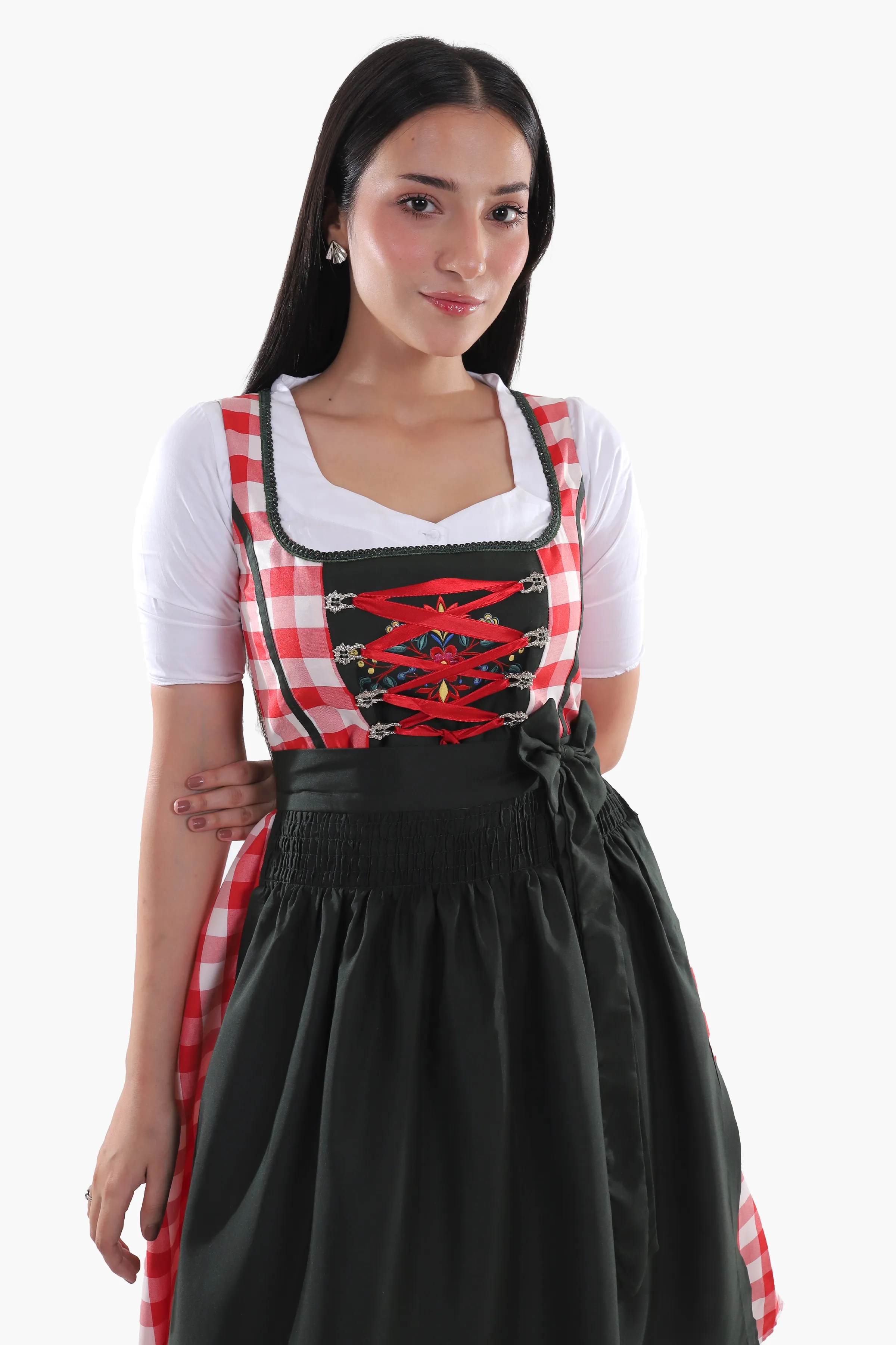 Red Checkered Bodice Traditional Dirndl Dress - Image 3