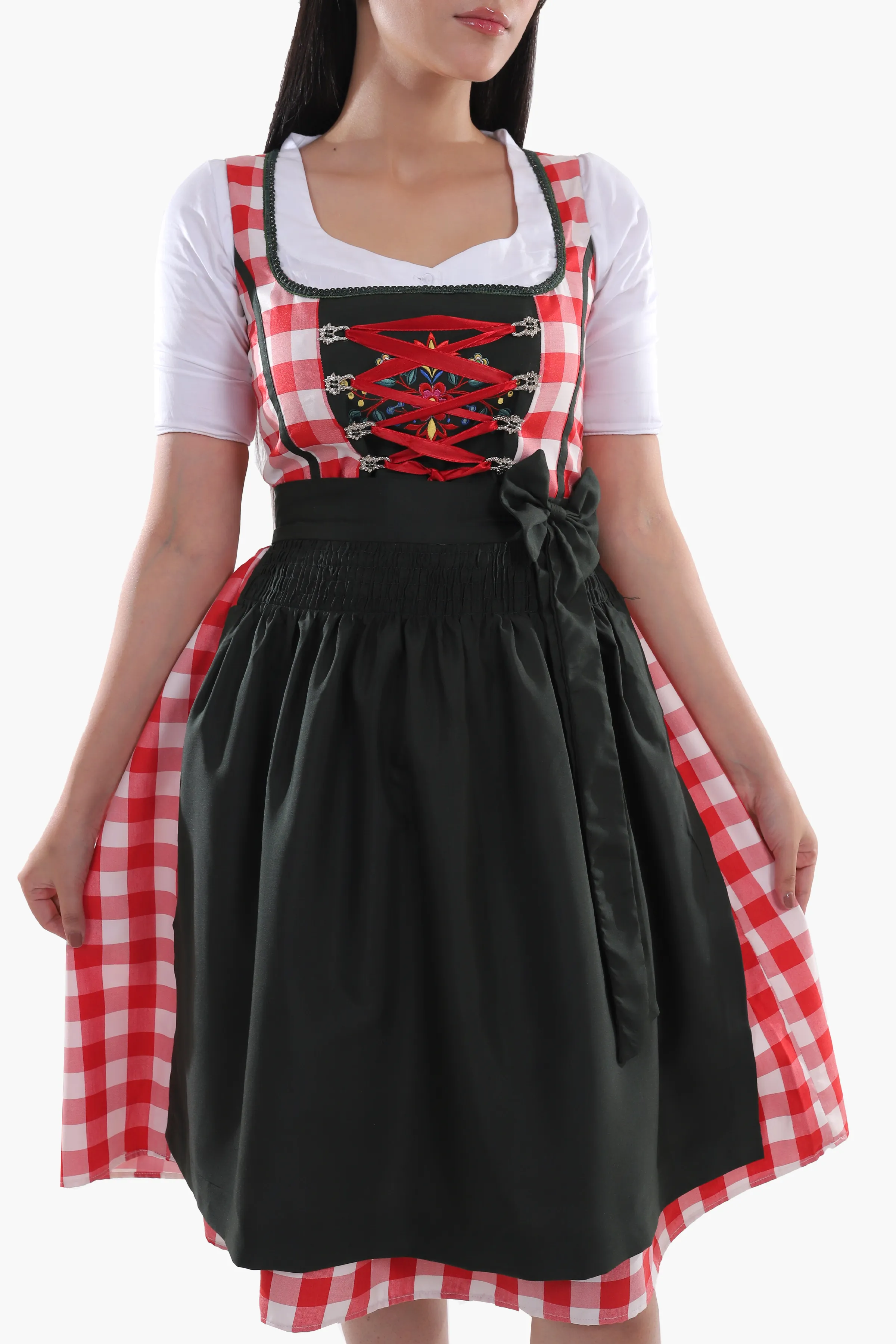 Red Checkered Bodice Traditional Dirndl Dress - Image 4