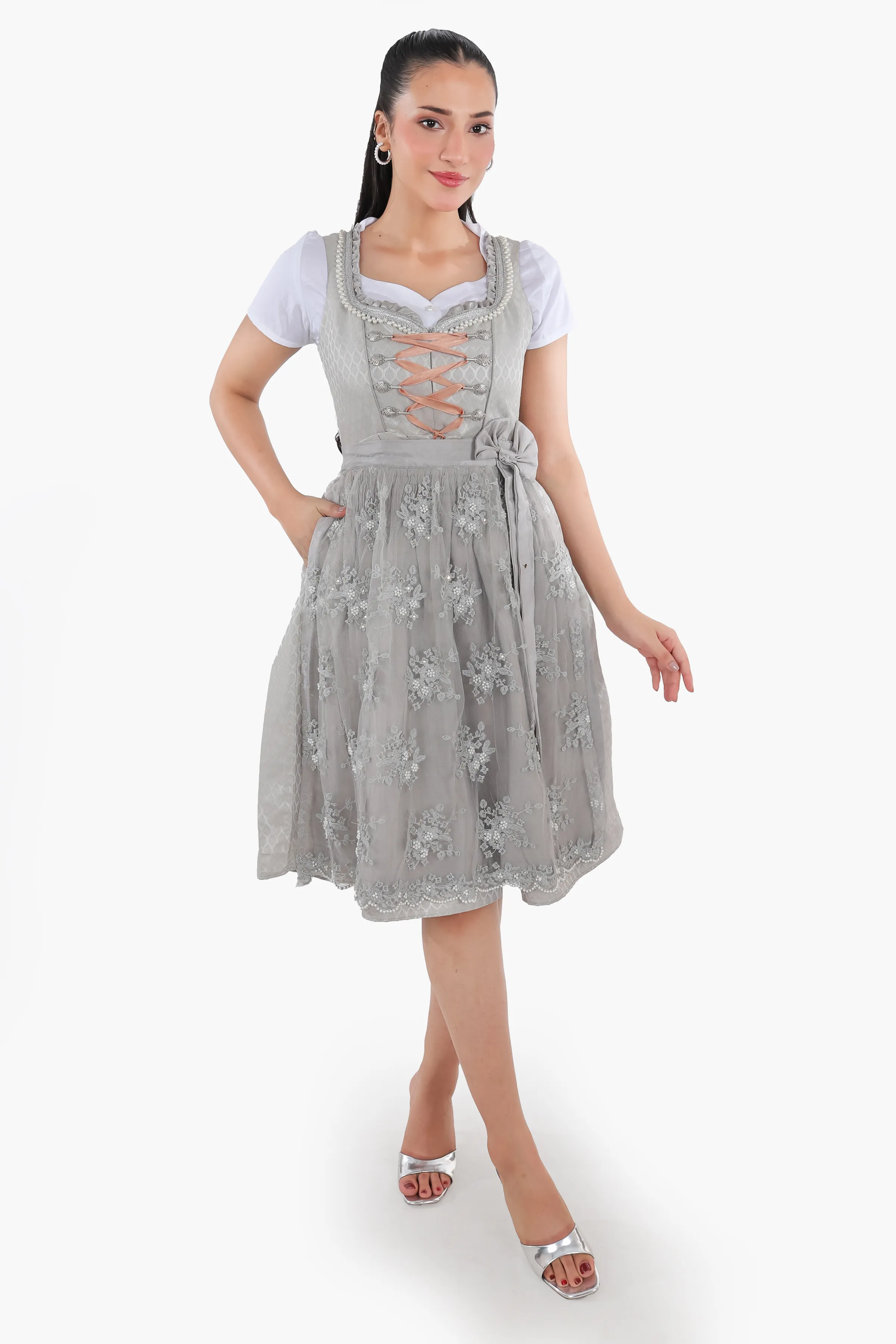 Timeless Bavarian Dirndl Attire Pearl Silver