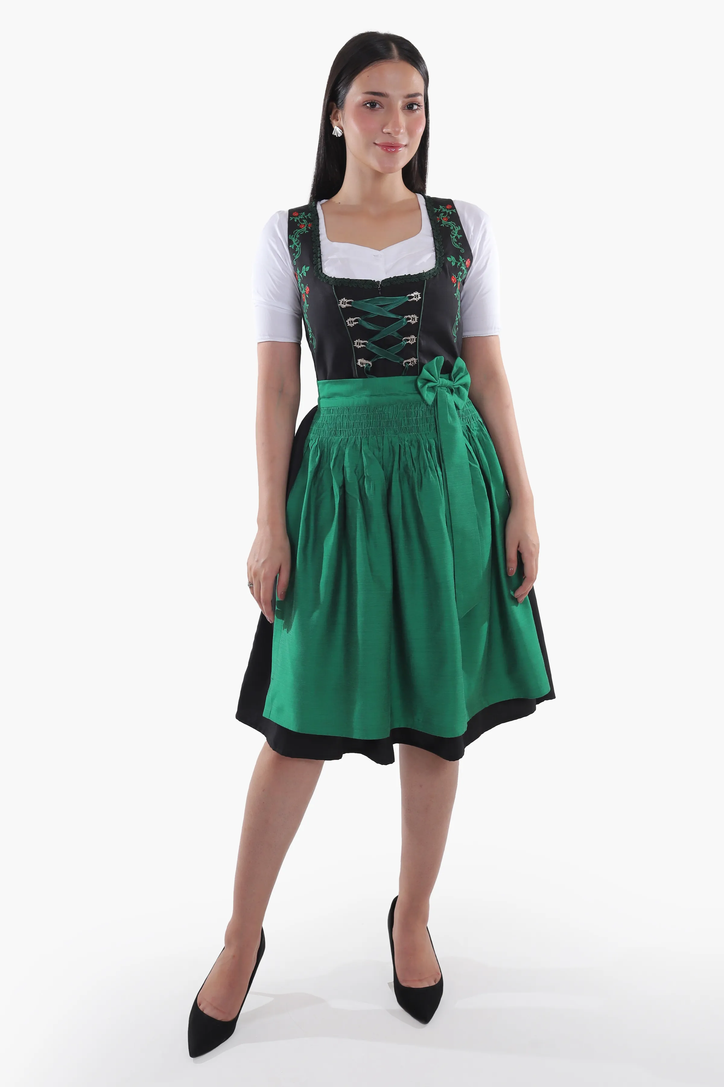Traditional Black Midi Dirndl with Emerald Embroidery