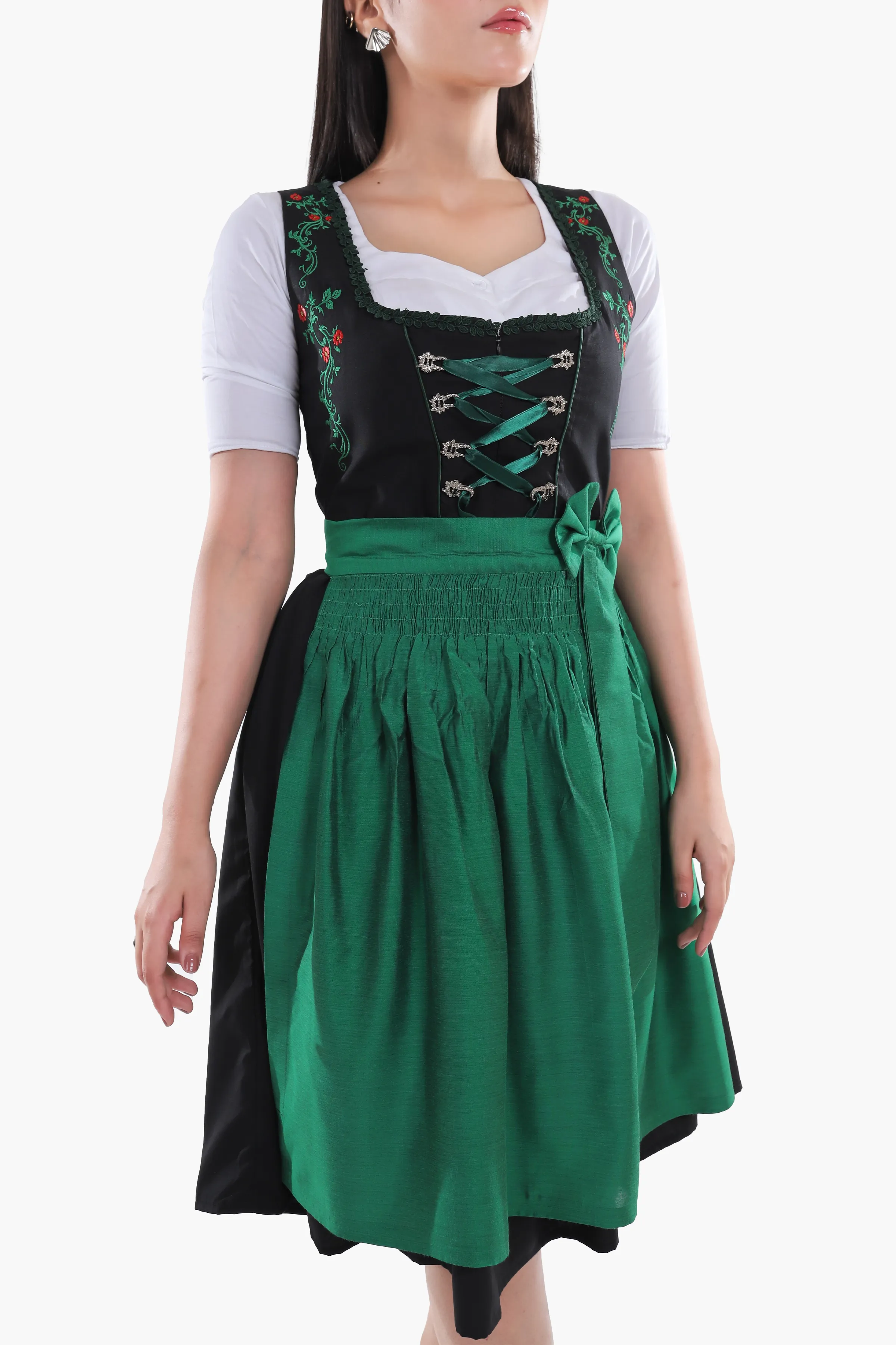 Traditional Black Midi Dirndl with Emerald Embroidery - Image 3