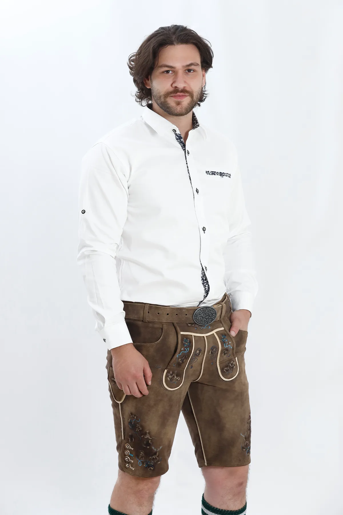 White Lederhosen Shirt with Contrasting Black Boundaries - Image 3